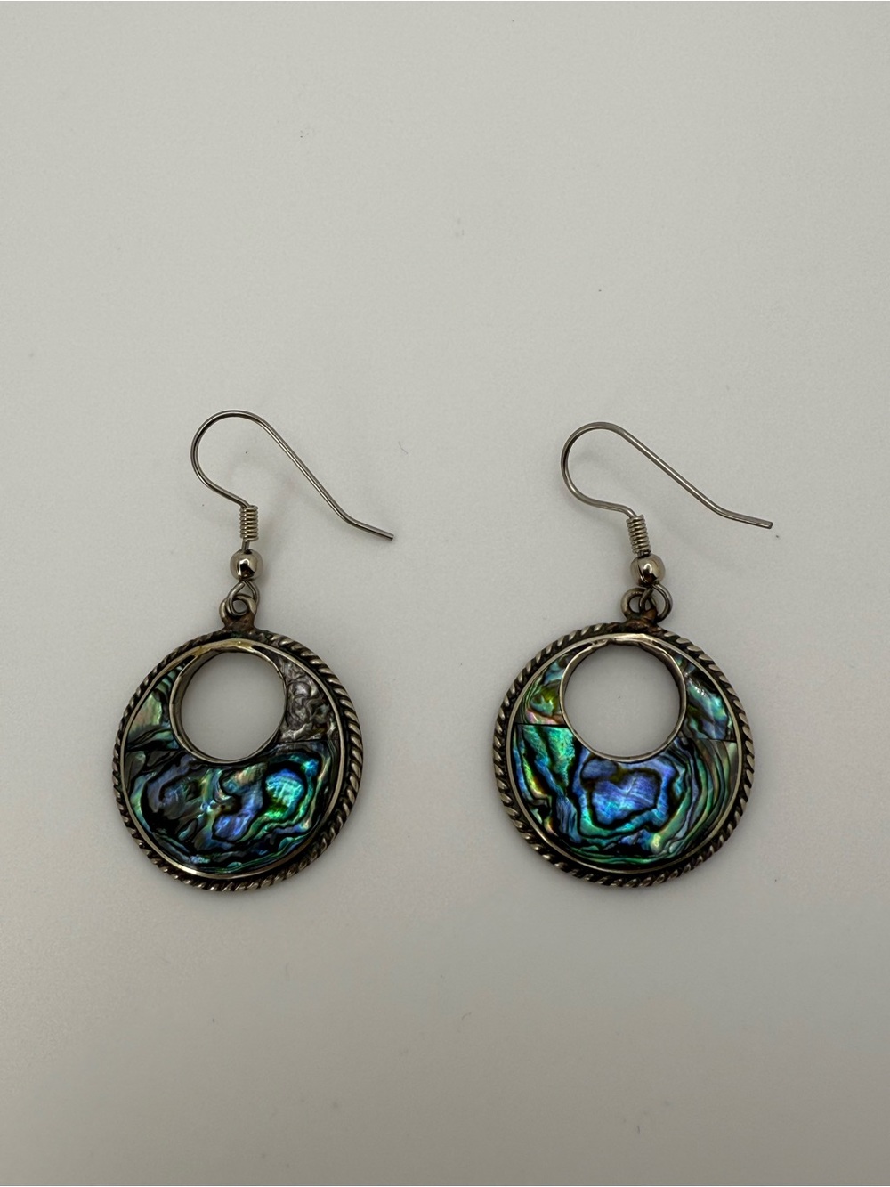 Vintage Mexican AlpacaAbalone Shell Circle Drop Earrings